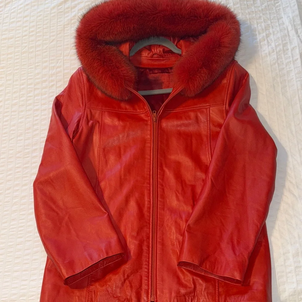 Women's Red Leather Jacket with fox Fur around the hood🥰 - Picture 8 of 14